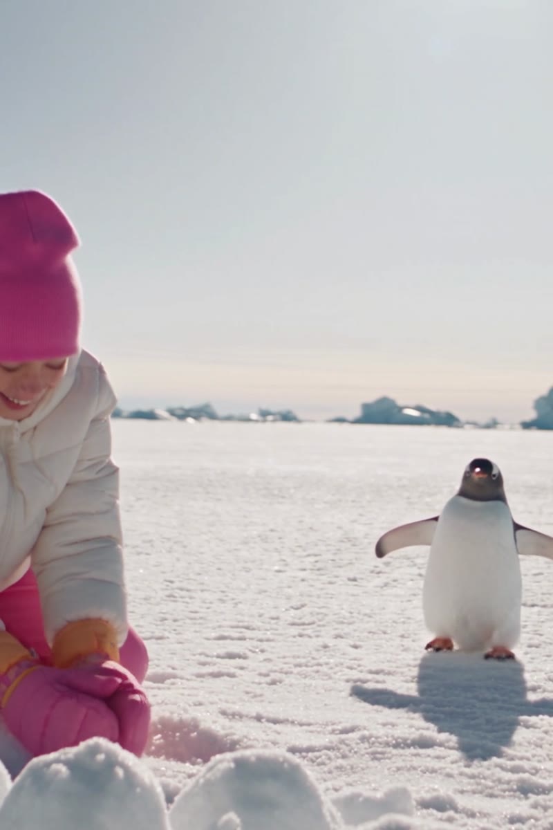 Enfant et pingouin sur la banquise